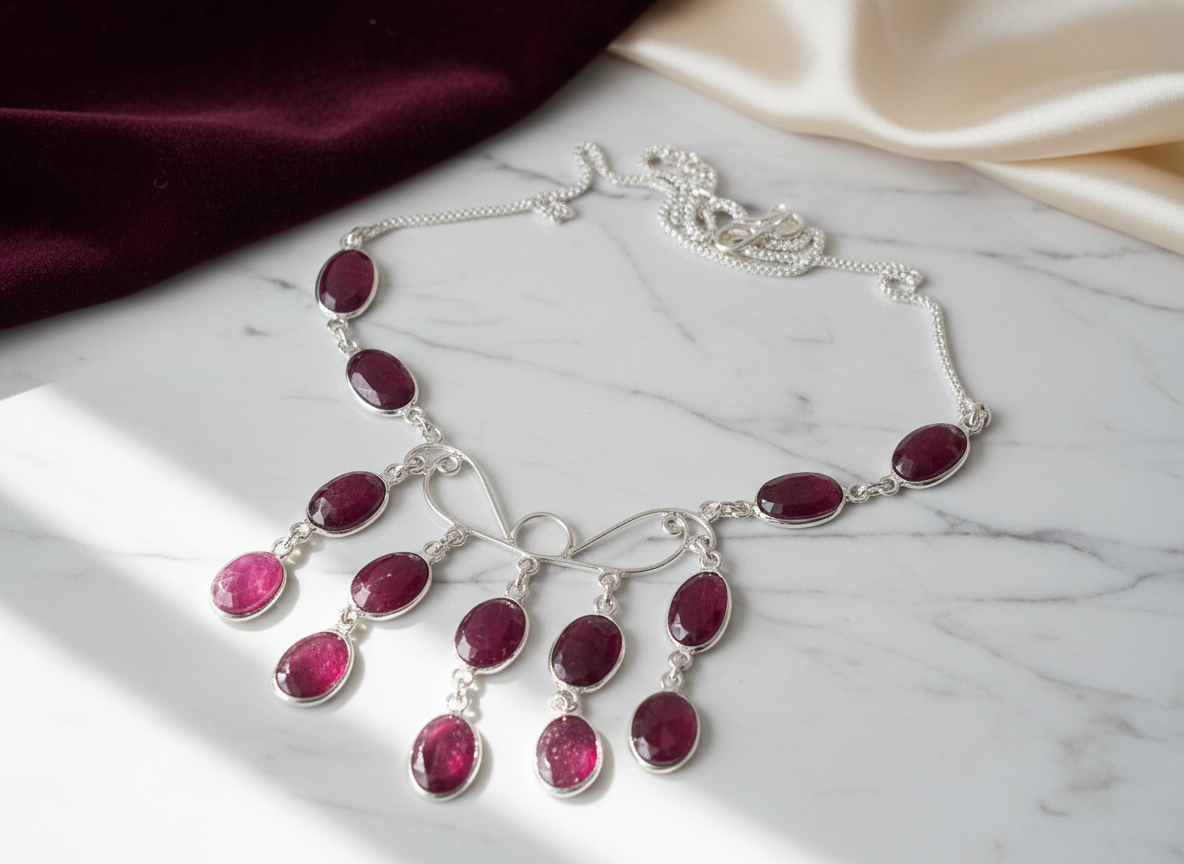 Collier argent 925 avec rubis véritables facettés NACRELUNE collier