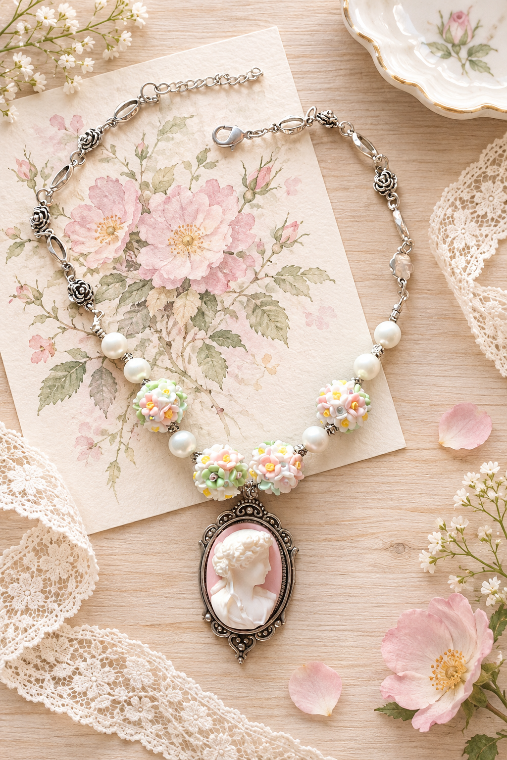 Collier sur bois clair avec carte aquarelle de roses