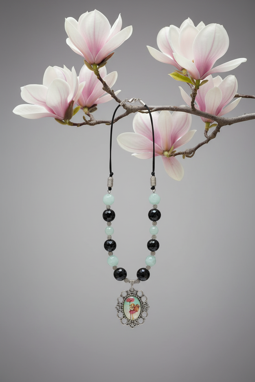 Collier en perles d'aigue marines et grenats véritables avec camée petite fée des fleurs nacrelune.com collier