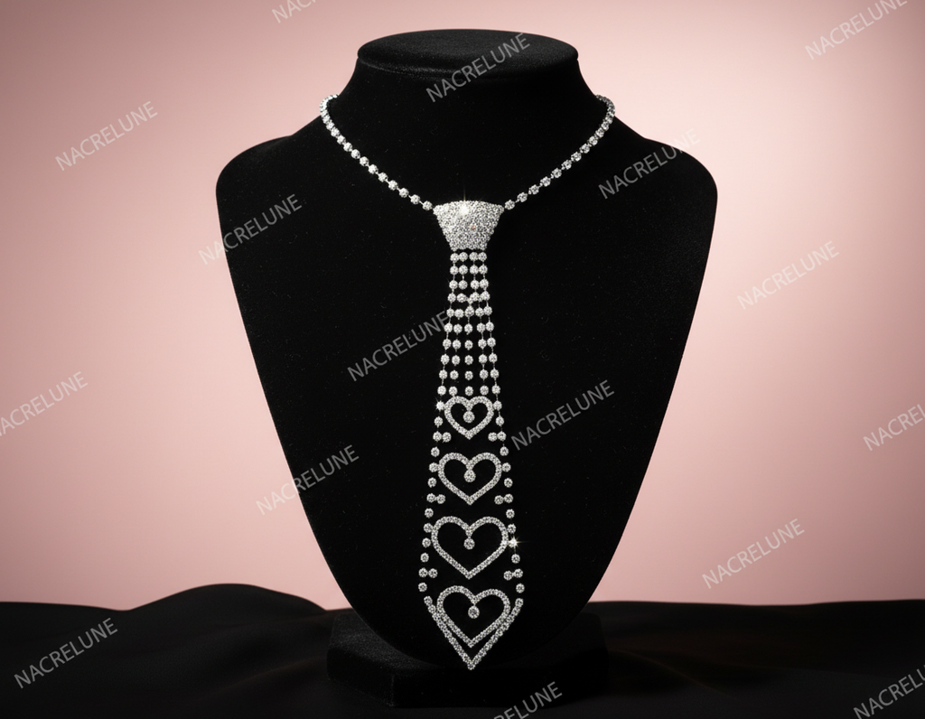 Collier cravate en strass blancs en forme de coeurs nacrelune.com collier