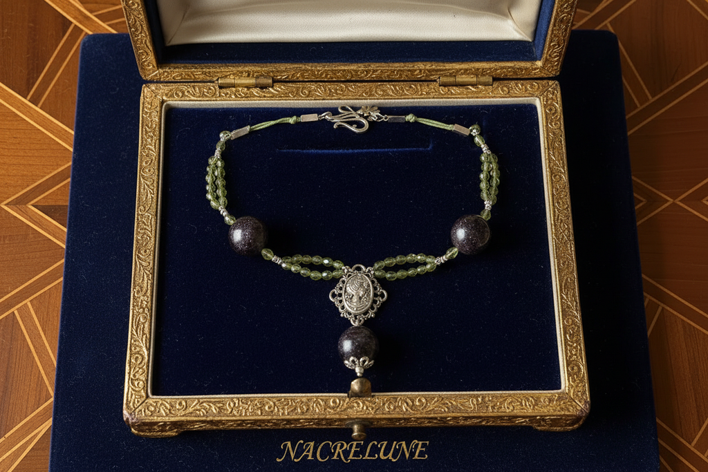 Collier en perlles de tourmalines noires et peridots véritables nacrelune.com collier
