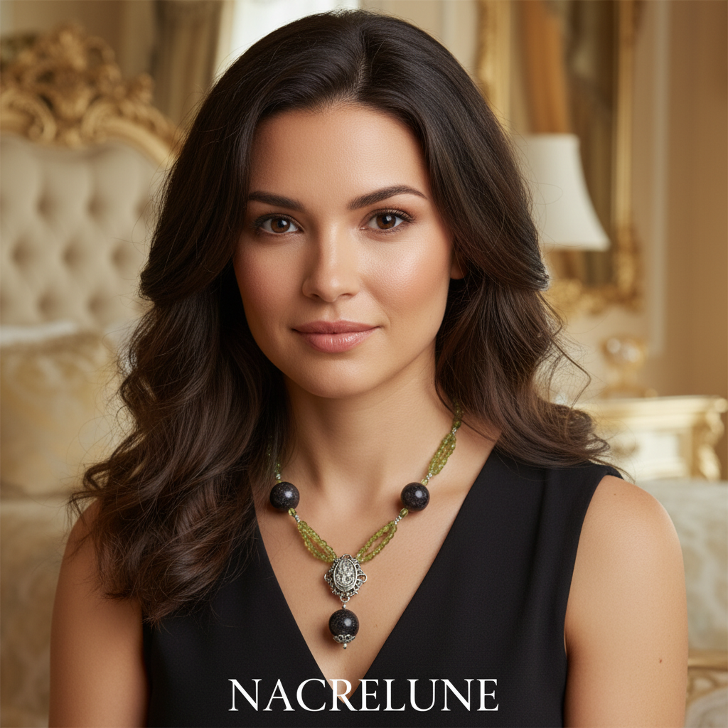 Collier en perlles de tourmalines noires et peridots véritables nacrelune.com collier