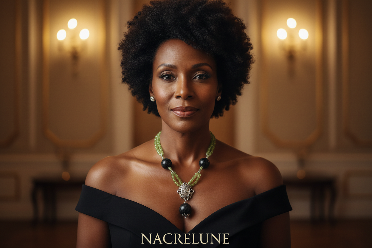 Collier en perlles de tourmalines noires et peridots véritables nacrelune.com collier