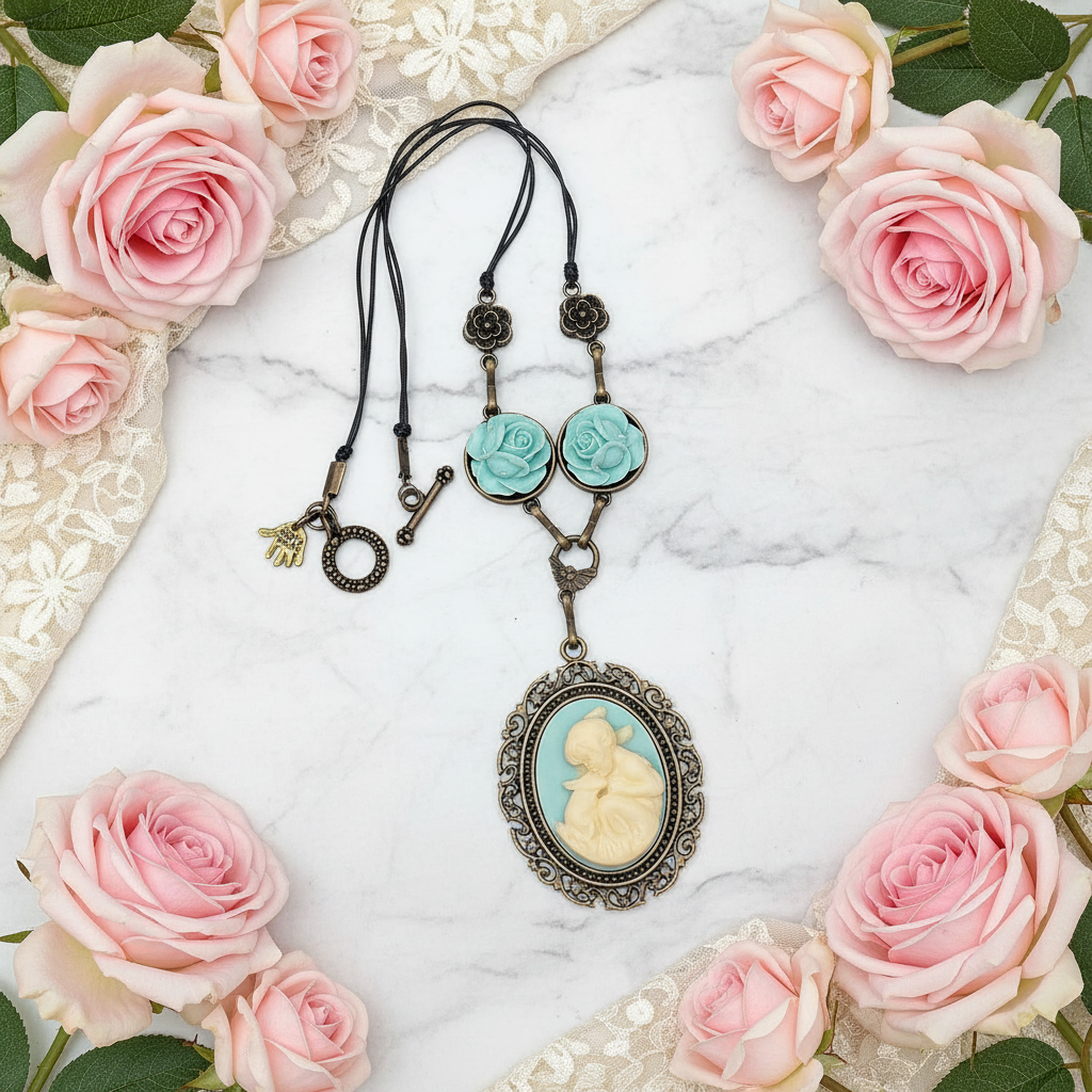 Collier avec roses et camée en résine : choisissez votre couleur nacrelune.com collier