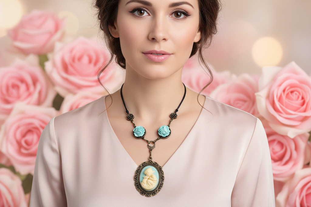 Collier avec roses et camée en résine : choisissez votre couleur nacrelune.com collier