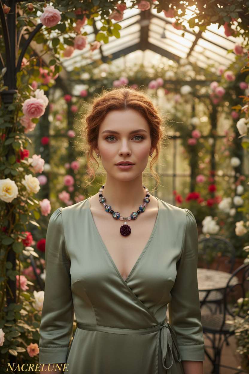collier en perles de verre et rose en resine nacrelune.com collier