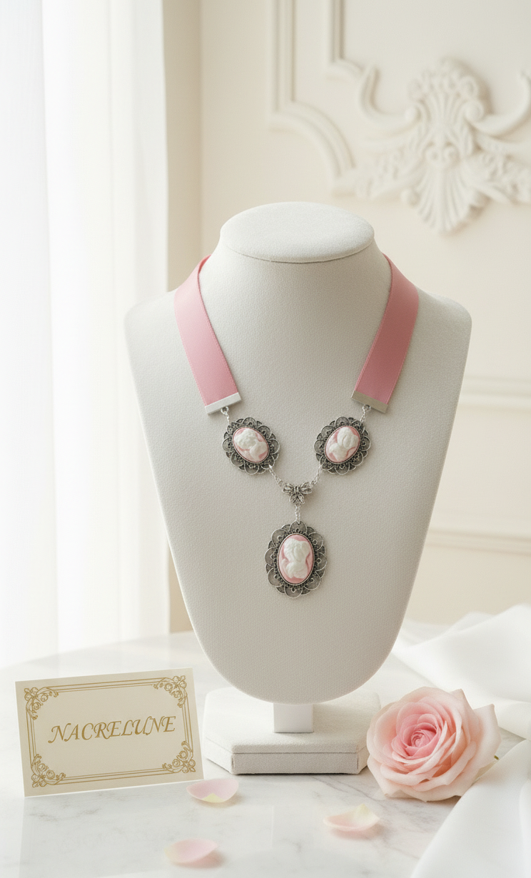 Collier Ruban Satin & 3 Camées Jeunes Filles | NACRELUNE Rose nacrelune.com collier