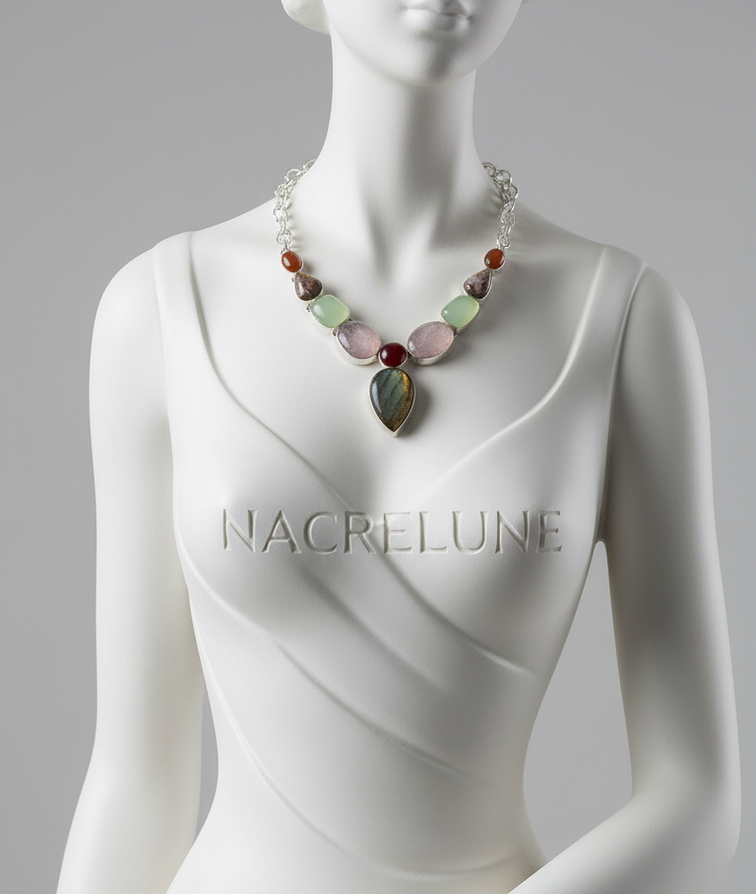 Collier Argent 925 & Pierres Fines - Labradorite, Agate, Amethyste & Grenat | NACRELUNE NACRELUNE collier
