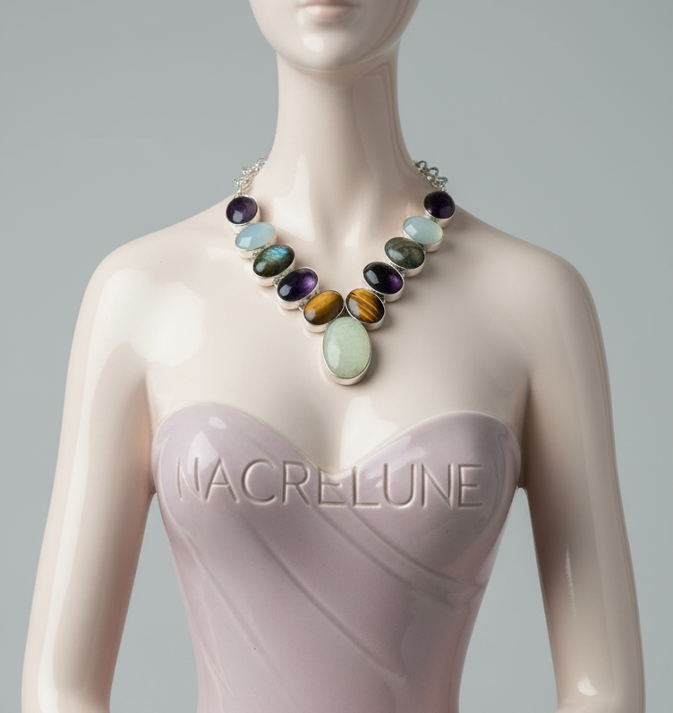 Collier Argent 925 & Pierres Fines - Opalite, Amethyste, Labradorite & Oeil du Tigre | NACRELUNE NACRELUNE collier