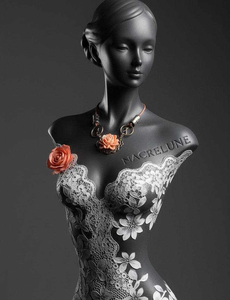 Necklace with cats and large imitation coral rose