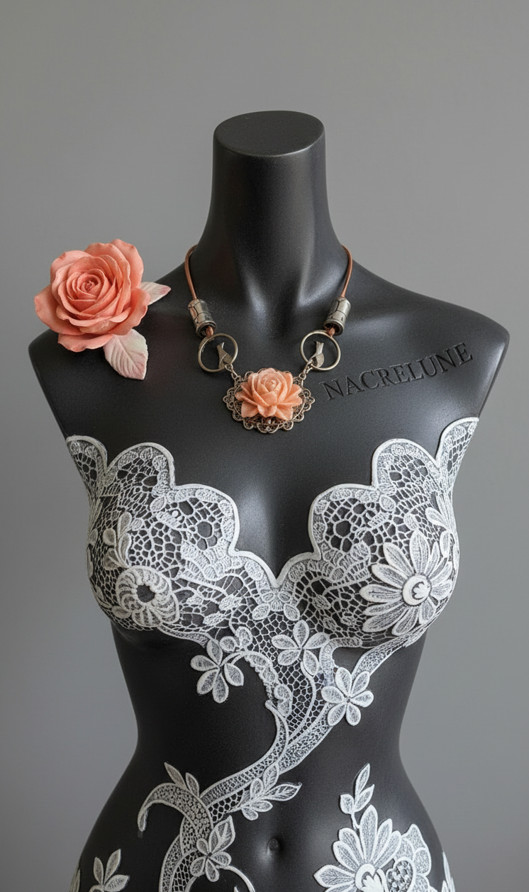 Necklace with cats and large imitation coral rose