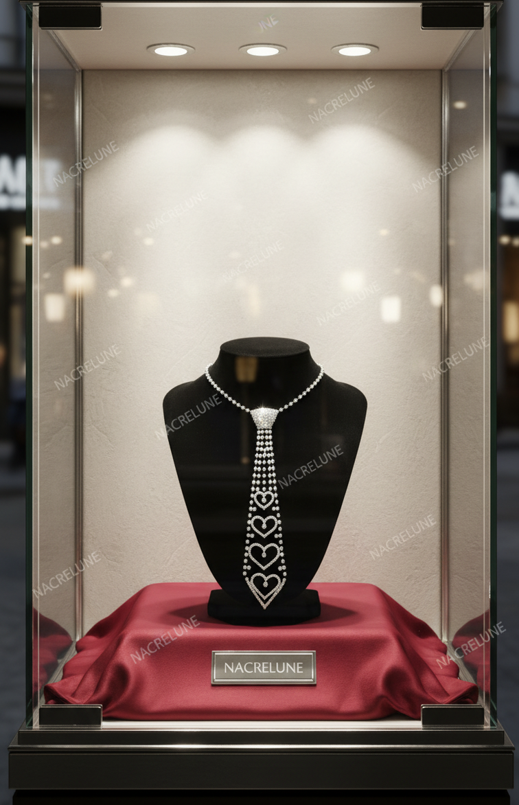 White rhinestone heart-shaped tie necklace