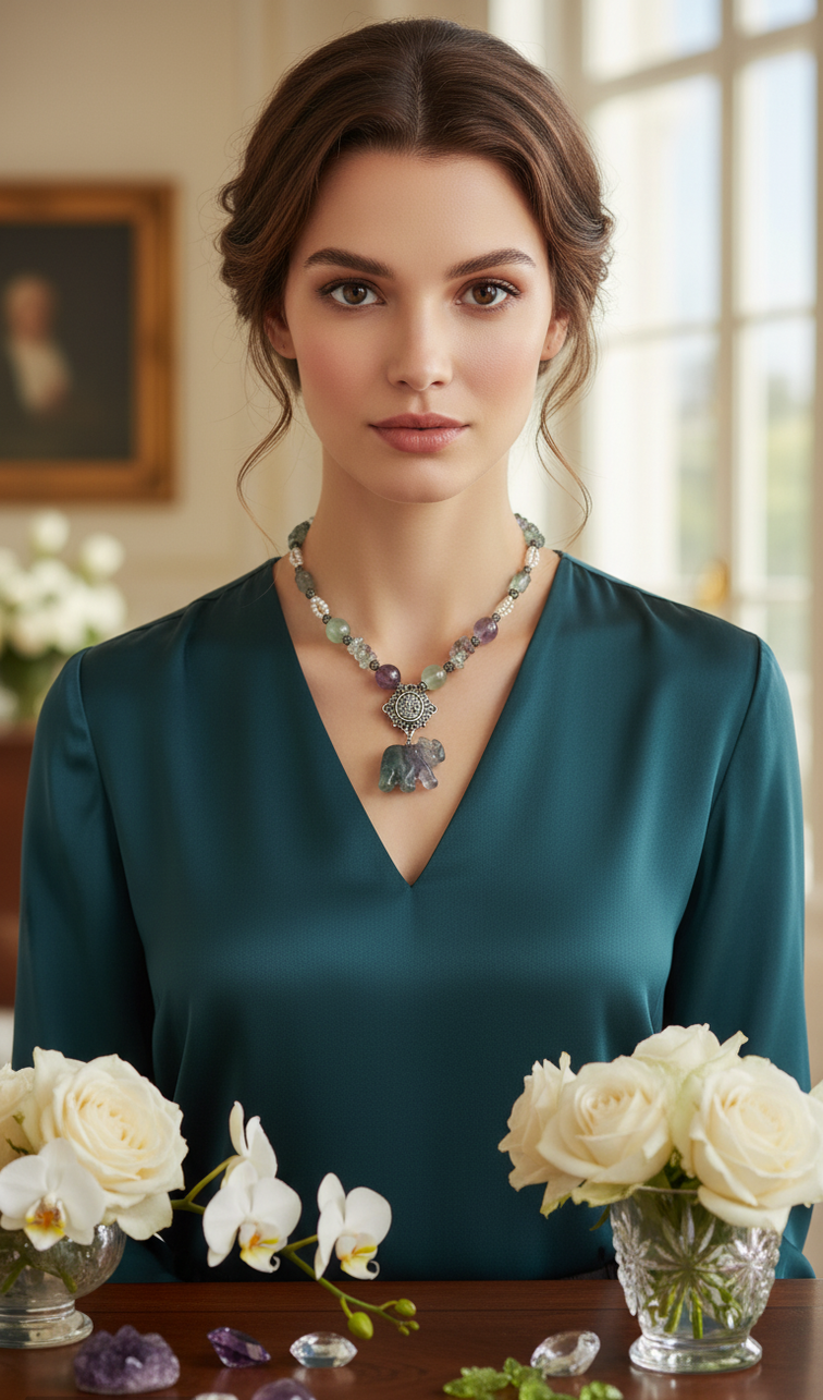 Collier en perles et elephant sculptés en fluorite naturelle et perles avec camée métal nacrelune.com collier