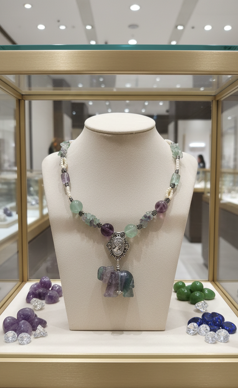 Collier en perles et elephant sculptés en fluorite naturelle et perles avec camée métal nacrelune.com collier