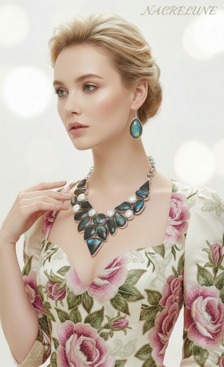 Collier en argent sterling, labradorites et nacre-NACRELUNE