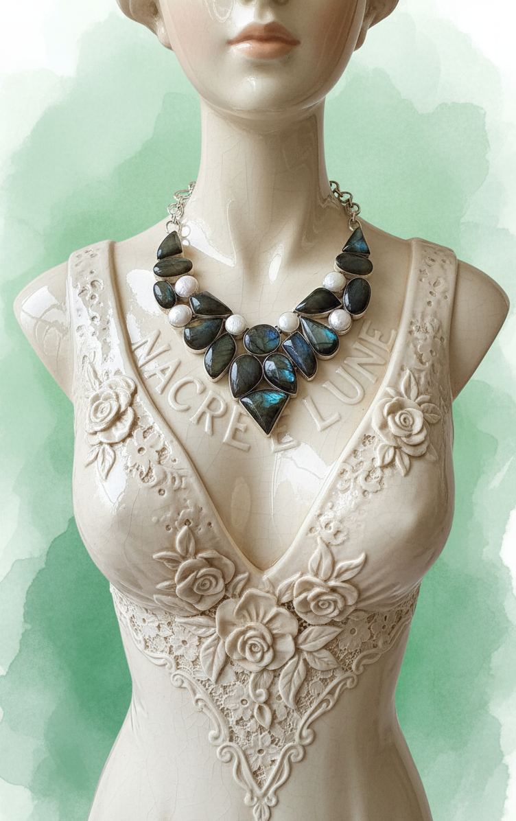 Collier en argent sterling, labradorites et nacre-NACRELUNE