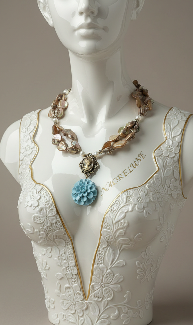 Collier Nacre Dorée & Turquoise en Résine | NACRELUNE