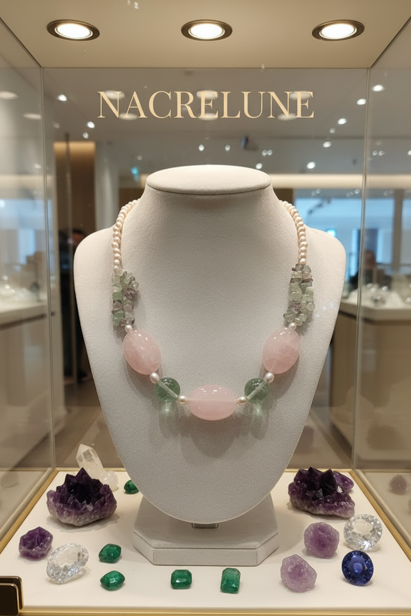 Collier Quartz Rose Fluorine Pierres Naturelles nacrelune.com collier