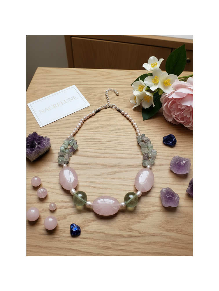 Collier Quartz Rose Fluorine Pierres Naturelles nacrelune.com collier