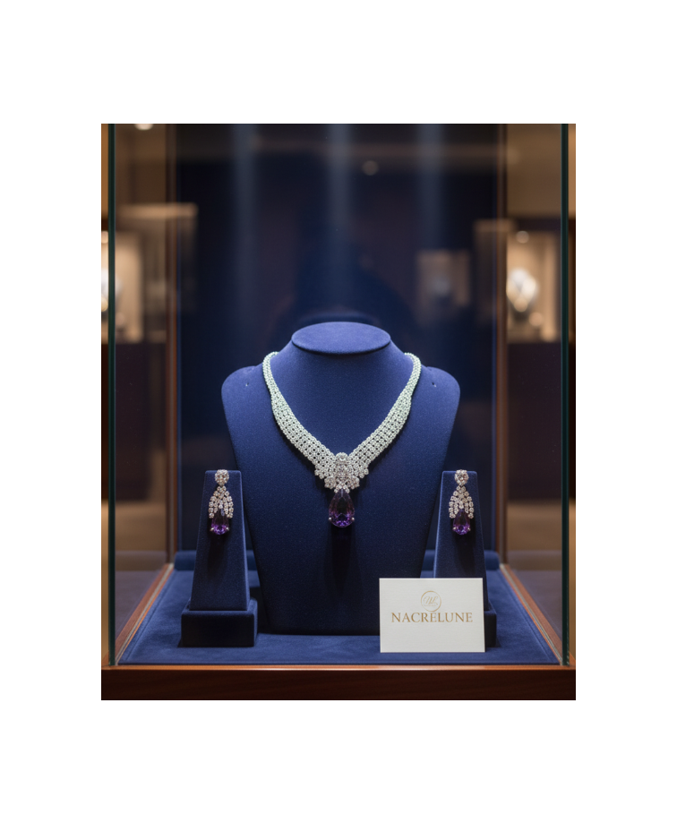 Rhinestone necklace with a large amethyst-colored stone.