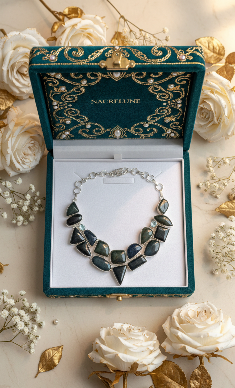 Collar elaborado en plata 925 y ágatas verdes de la India