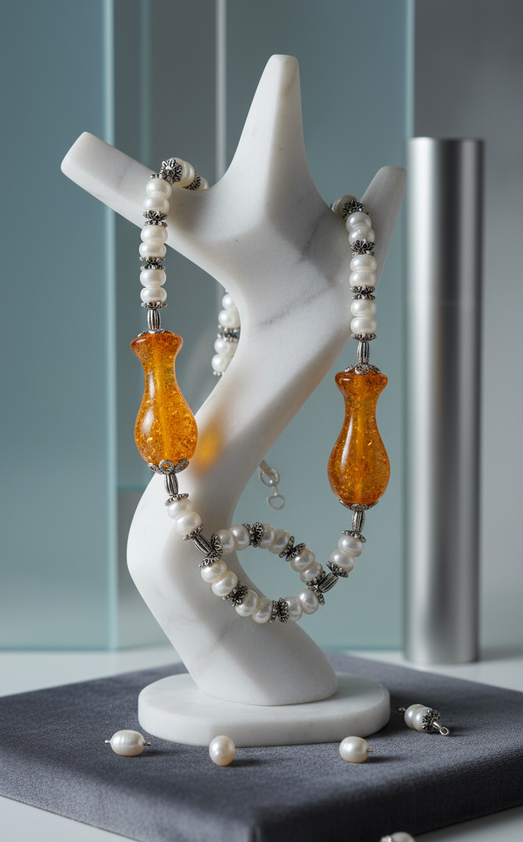 Collier en perles culture avec perles d'ambres pressé nacrelune.com parure