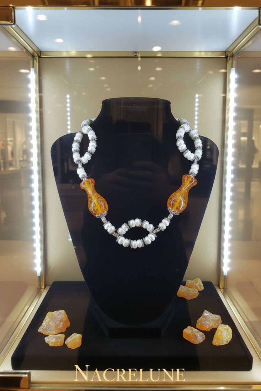 Cultured pearl necklace with pressed amber beads