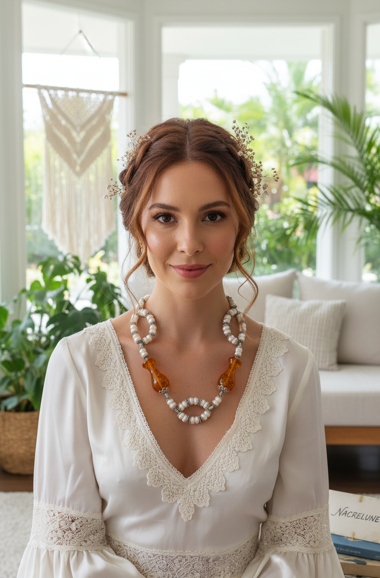 Cultured pearl necklace with pressed amber beads