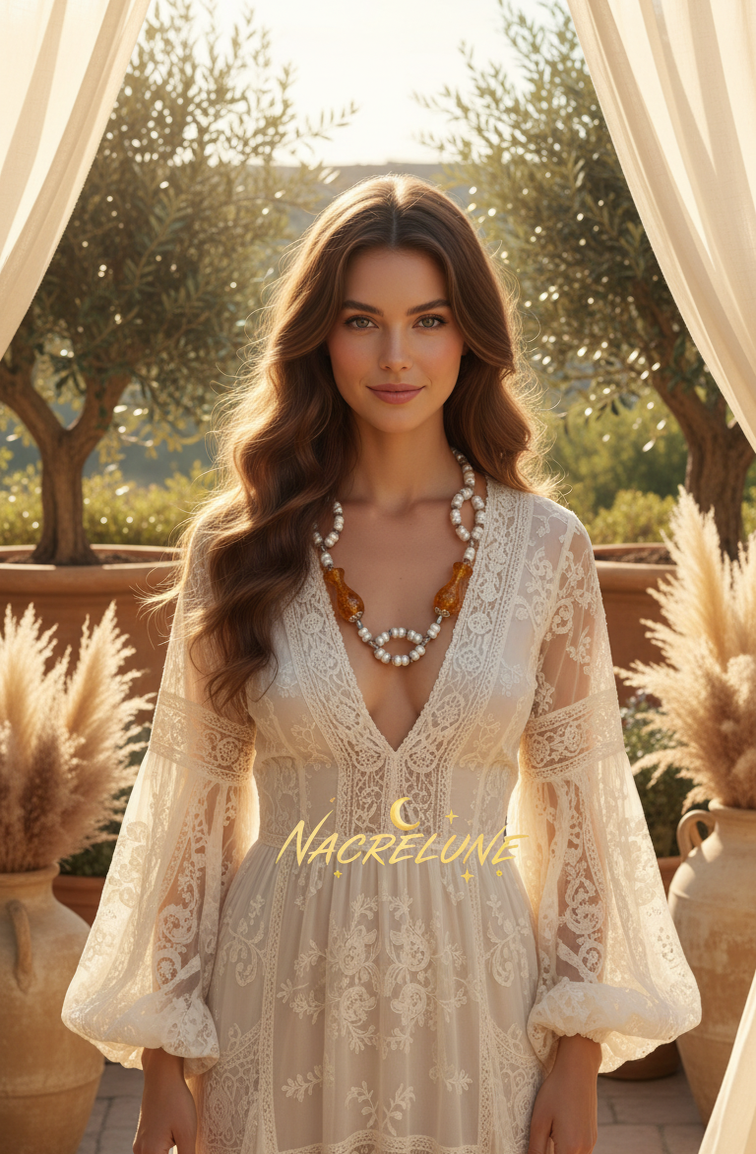 Collier en perles culture avec perles d'ambres pressé nacrelune.com parure