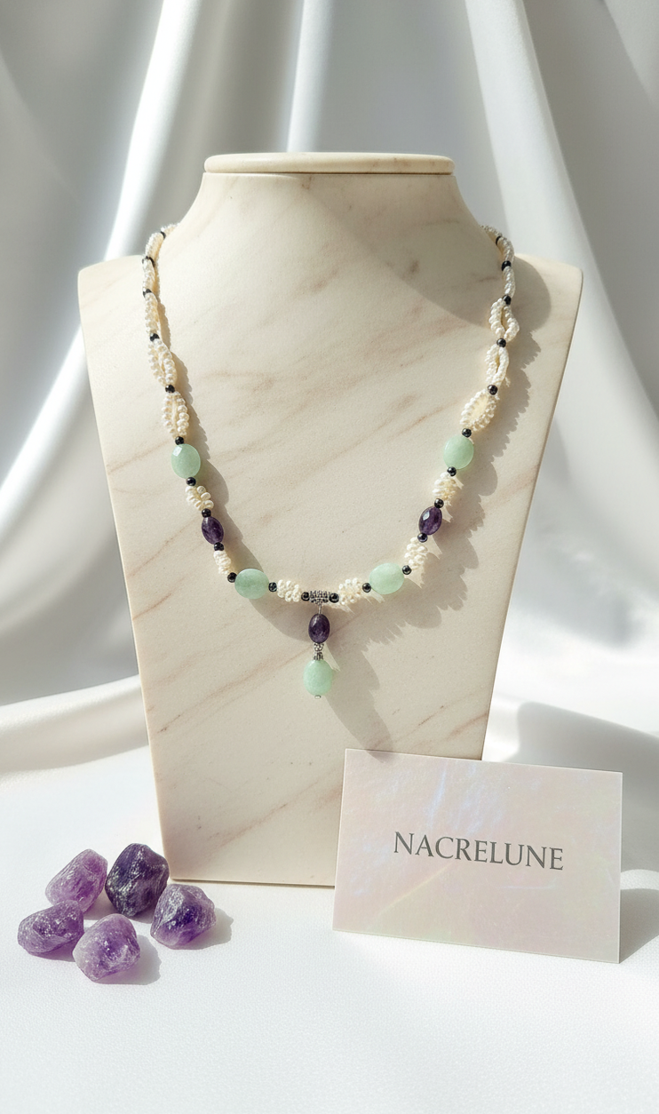 Aquamarine, amethyst, and cultured pearl necklace