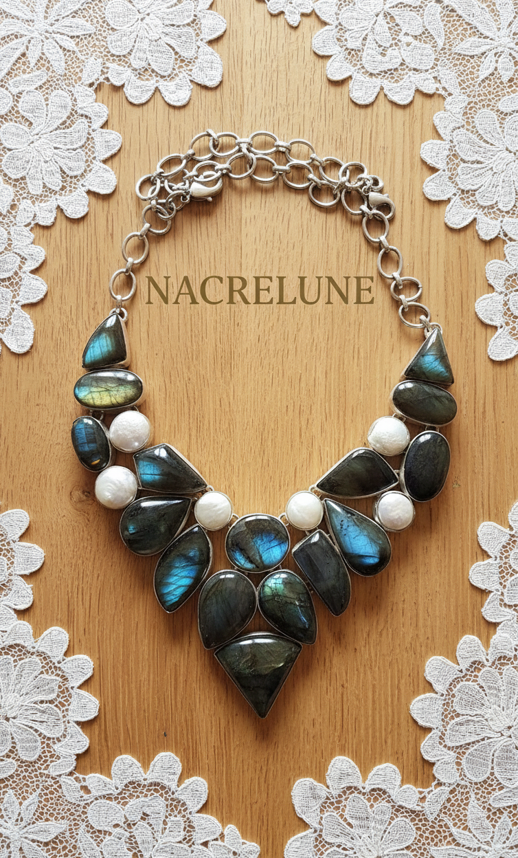 Collier en argent sterling, labradorites et nacre-NACRELUNE