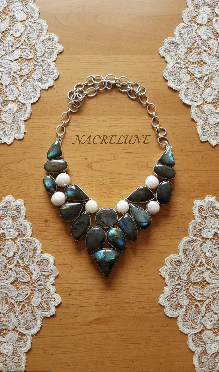 Collier en argent sterling, labradorites et nacre-NACRELUNE