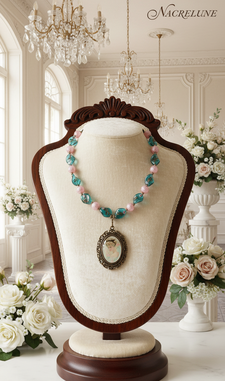 Collier Perles de Verre & Acrylique avec Grand Camée Victorien | NACRELUNE nacrelune.com collier