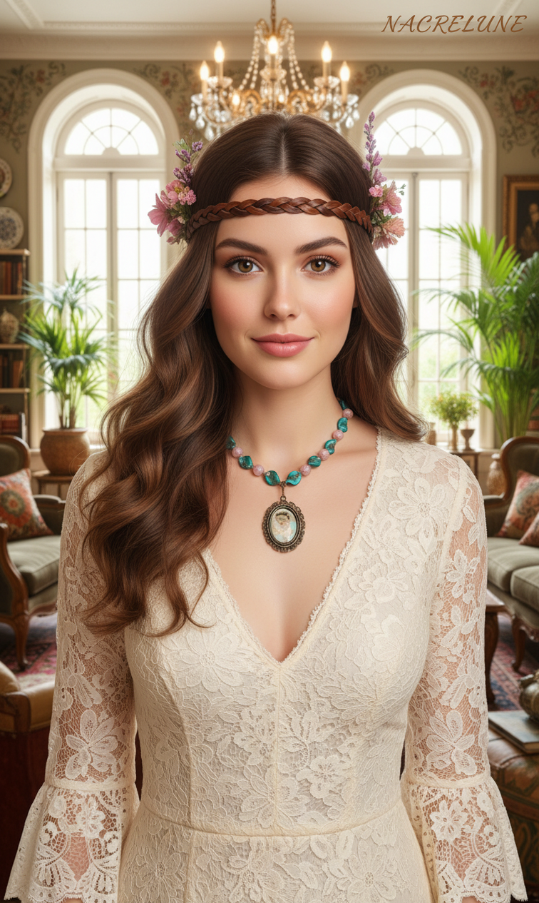 Collier Perles de Verre & Acrylique avec Grand Camée Victorien | NACRELUNE nacrelune.com collier