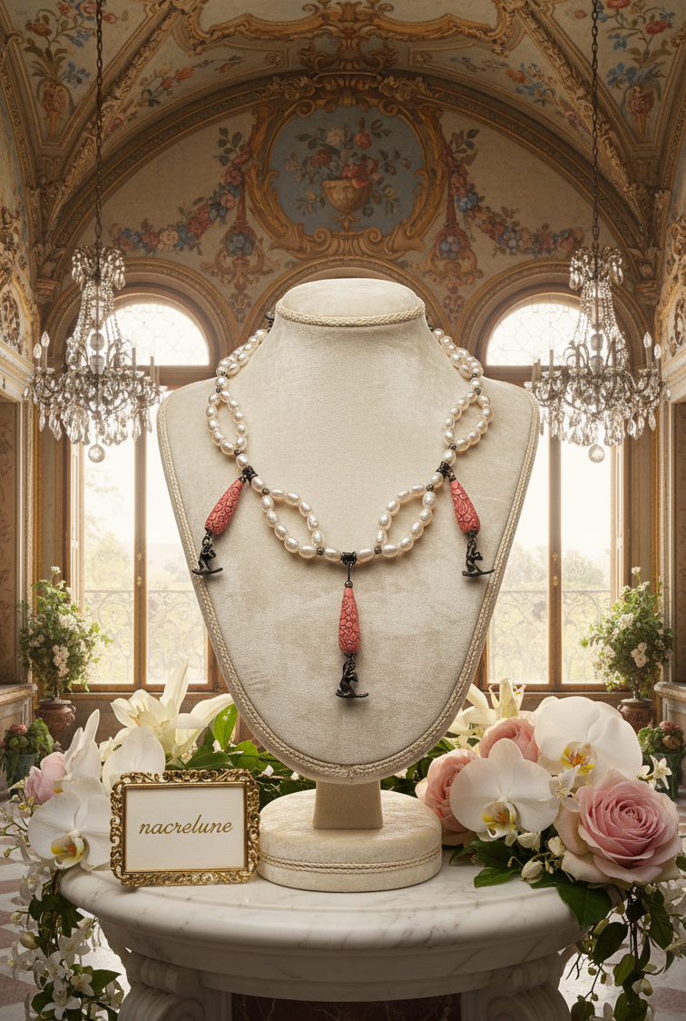 Collier Perles de Culture & Éléments Sculptés en Imitation Corail | NACRELUNE nacrelune.com collier