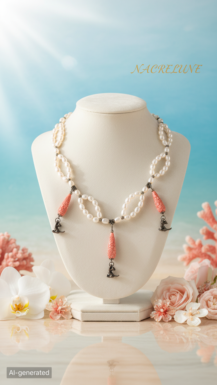 Collier Perles de Culture & Éléments Sculptés en Imitation Corail | NACRELUNE nacrelune.com collier