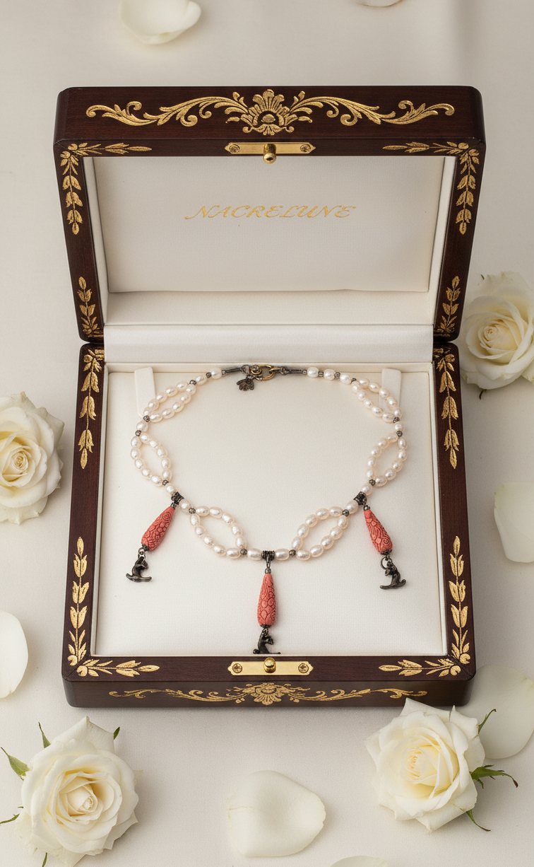 Collier Perles de Culture & Éléments Sculptés en Imitation Corail | NACRELUNE nacrelune.com collier