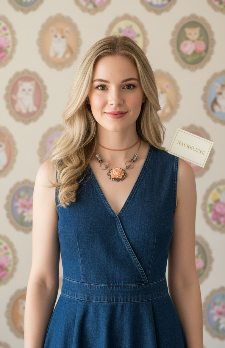 Collier Chats & Grande Rose Imitation Corail | NACRELUNE nacrelune.com collier