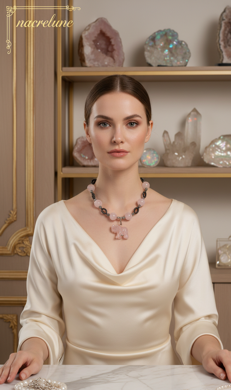 Collier Éléphant Sculpté en Quartz Rose Véritable | NACRELUNE nacrelune.com collier