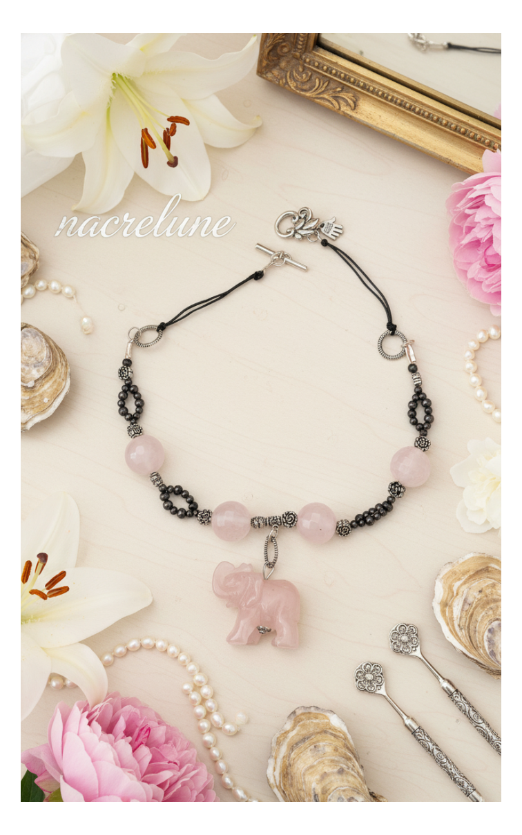 Collier Éléphant Sculpté en Quartz Rose Véritable | NACRELUNE nacrelune.com collier