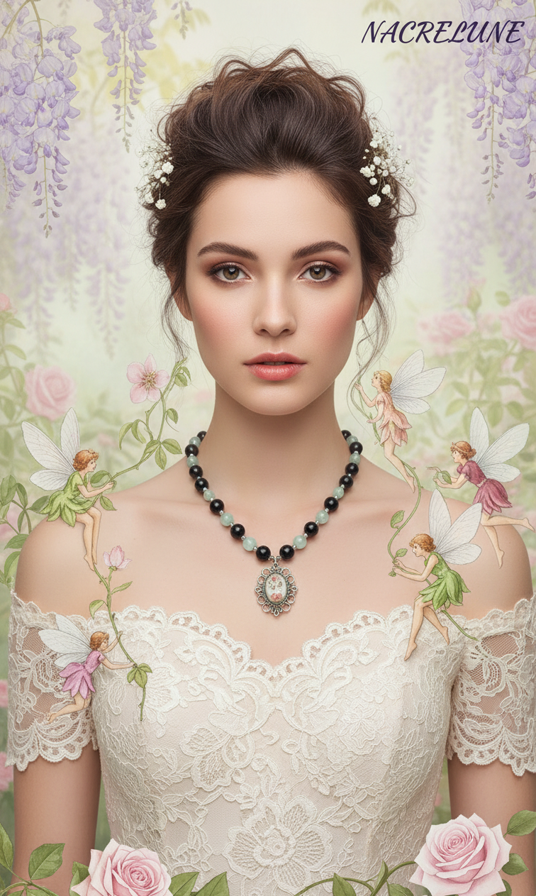 Aquamarine and genuine garnet bead necklace with a small flower fairy cameo
