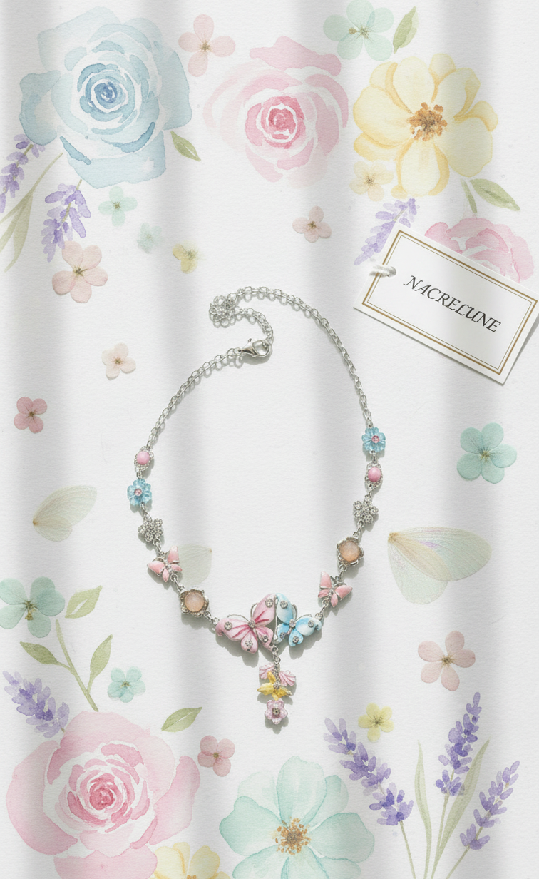 collier en émail rose et bleu avec fleurs et papillons nacrelune.com collier