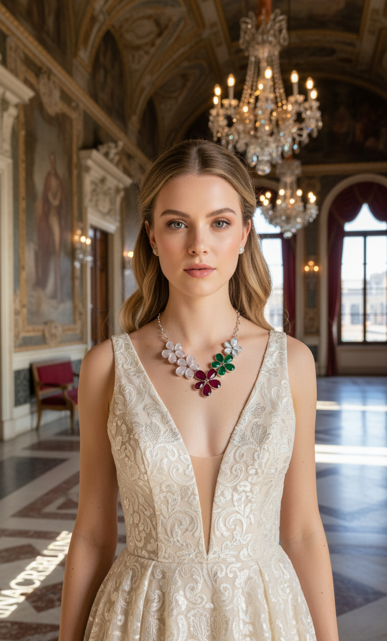 Collier Argent & Rubis, Émeraudes, Quartz Roses & Pierres de Lune en Fleurs | NACRELUNE nacrelune.com collier