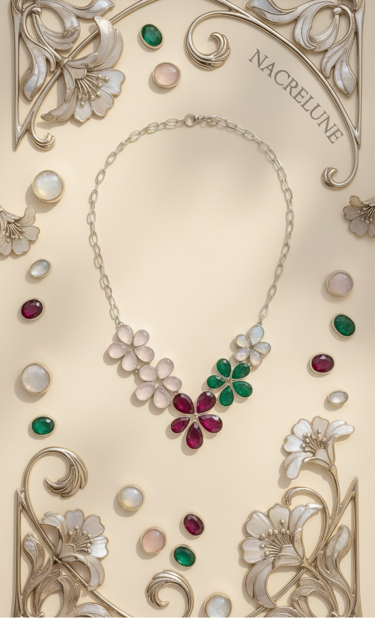 Collier Argent & Rubis, Émeraudes, Quartz Roses & Pierres de Lune en Fleurs | NACRELUNE nacrelune.com collier