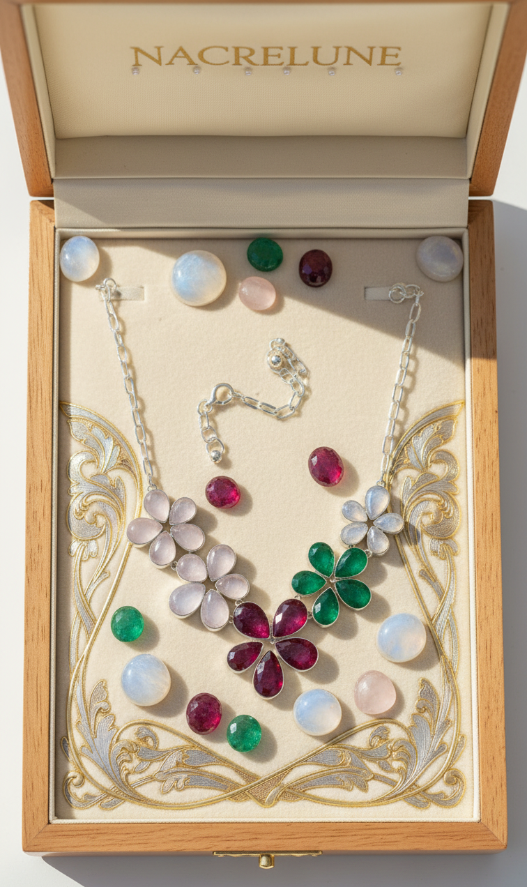 Collier Argent & Rubis, Émeraudes, Quartz Roses & Pierres de Lune en Fleurs | NACRELUNE nacrelune.com collier