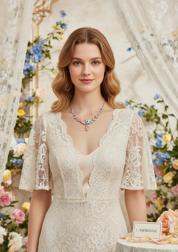 Collier Émail Rose & Bleu Fleurs et Papillons | NACRELUNE nacrelune.com collier