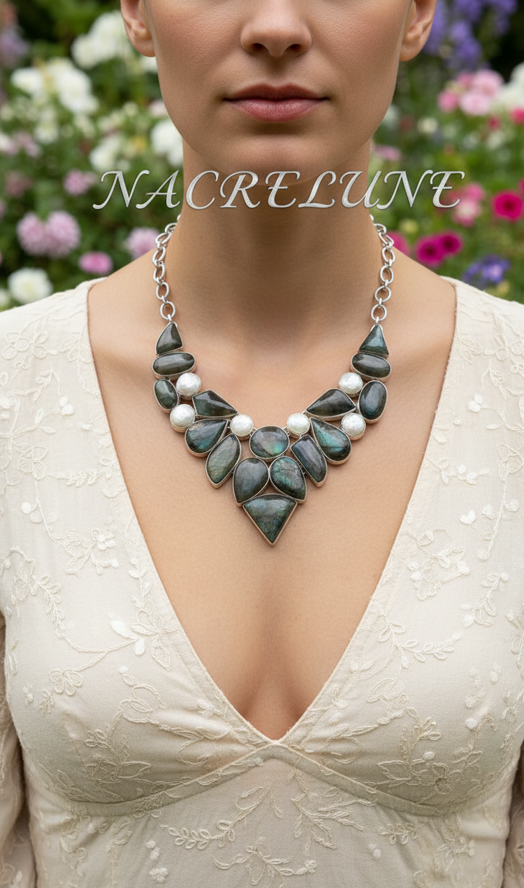 Collier en argent sterling, labradorites et nacre-NACRELUNE