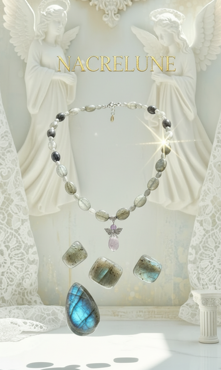 Collier Labradorite & Pendentif Ange Gardien en Améthyste | NACRELUNE nacrelune.com collier