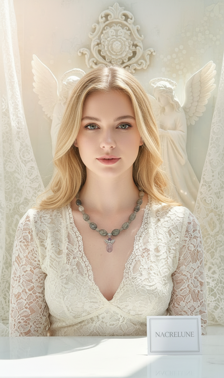 Collier Labradorite & Pendentif Ange Gardien en Améthyste | NACRELUNE nacrelune.com collier