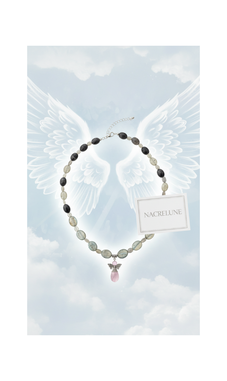 Collier Labradorite & Pendentif Ange Gardien en Améthyste | NACRELUNE nacrelune.com collier